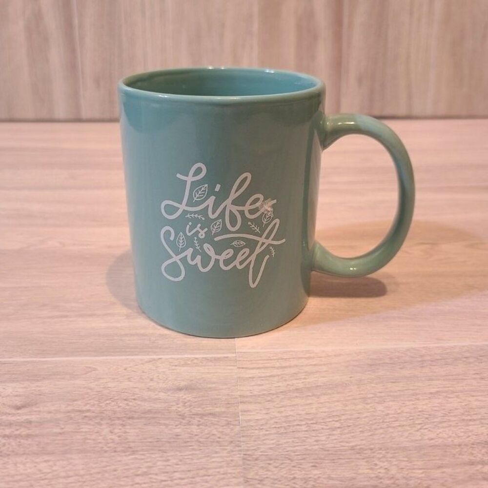 Modern Gourmet Foods Life is Sweet Mug Aqua Teal Blue Stoneware Coffee Cup 12oz